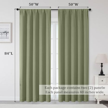 Sally Sage Green Blackout Curtains 84 Inches Long 2 Panels Set for Bedroom Living Room, Solid Thermal Insulated Privacy Room Darkening Window Treatment Drapes, 2 Pcs Each W50 x L84 Inch, Sage - color: Sage Green, size: 50"W x 84"L (Pack of 2)