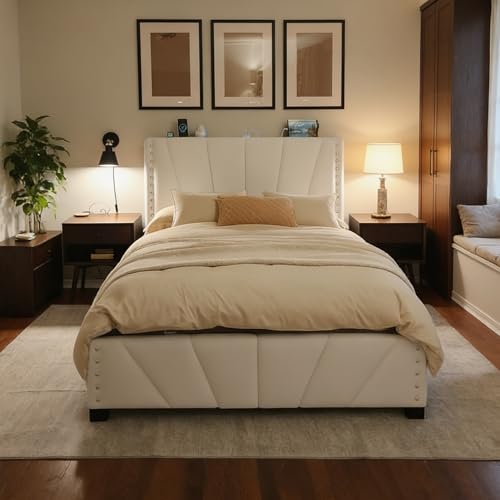 EnHomee Full Size Bed Frame with LED Lights & USB, Noise-Free, Beige | Adjustable Velvet Headboard，Under-Bed Storage，Heavy Duty Support with 12 Slats，No Box Spring Needed，Easy Assembly for Bedroom - color: Beige, size: Full