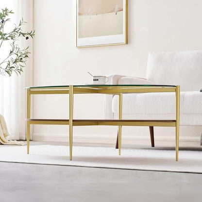 LumFurn Oval Glass Coffee Table, Surfboard Shaped Mid-Century Modern for Living Room, L43xW22xH17inch, Clear Glass and Walnut Finish Wood, Gold Finish Frame - color: Oval L43" Clear & Walnut