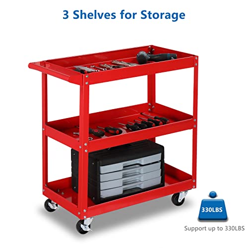 TUFFIOM 3 Tier Rolling Tool Cart, 330 Lbs Capacity, Red, 3 Shelves Steel Utility Cart for Garage, Workshop, Warehouse & Repair Shop - color: Red