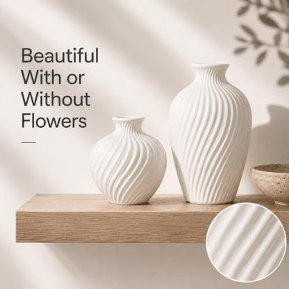 White Ceramic Vase Set of 2|Flower Vase for Home Decor with Rustic Textured