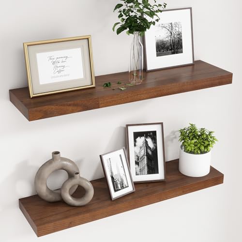 fuqing 30 Inch Floating Shelves 6.7'' Deep Dark Wood Wall Shelves Set of 2 | 30'' x 6.7'' x 1.4'' Rustic Wood Shelves for Bathroom, Living Room, 40LBS, Lightweight, Hardware Included, Waterproof Finish - color: Walnut, size: 30 Inch