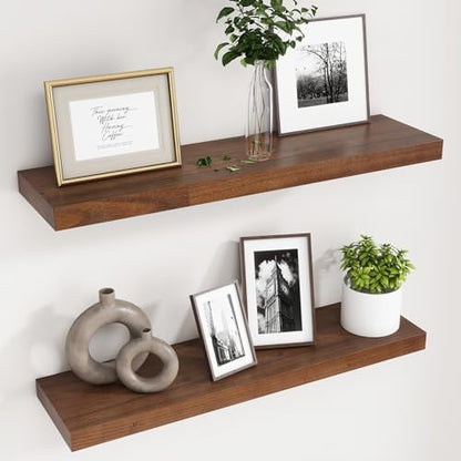 fuqing 30 Inch Floating Shelves 6.7'' Deep Dark Wood Wall Shelves Set of 2 | 30'' x 6.7'' x 1.4'' Rustic Wood Shelves for Bathroom, Living Room, 40LBS, Lightweight, Hardware Included, Waterproof Finish - color: Walnut, size: 30 Inch