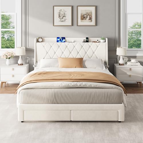 Garvee Queen Bed Frame with Storage, Velvet Upholstered Platform Bed Frame with Crystal Tufted Headboard, Charging Station, 2 Drawers, No Box Spring Needed, Noise-Free,for Bedroom, Ivory | Velvet Upholstered Platform Bed Frame with Crystal Tufted Headboar