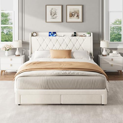 Garvee Queen Bed Frame with Storage, Velvet Upholstered Platform Bed Frame with Crystal Tufted Headboard, Charging Station, 2 Drawers, No Box Spring Needed, Noise-Free,for Bedroom, Ivory | Velvet Upholstered Platform Bed Frame with Crystal Tufted Headboar