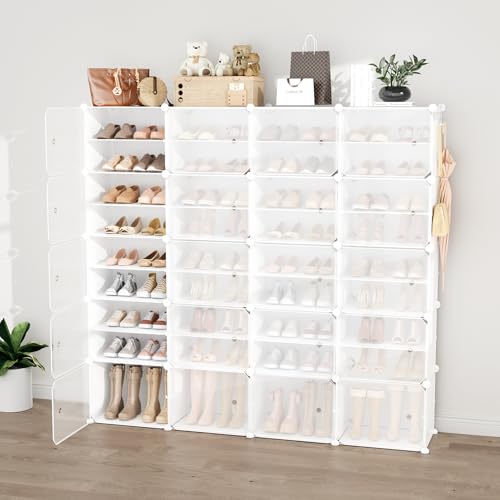 Portable Shoe Rack Organizer with Door, 80 Pairs Shoe Storage Cabinet Easy Assembly, Plastic Adjustable Shoe Storage Organizer Stackable Detachable Free Standing DIY Expandable 10 Tier White - color: White, size: 64" Wide-80 Pairs