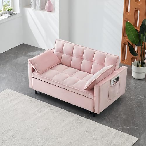 55" Pull Out Sleeper Sofa, Velvet Loveseat with Side Pockets,Pink | Velvet upholstery, 5-level adjustable back, Pull-out bed design, Sturdy frame with side pockets - color: Pink