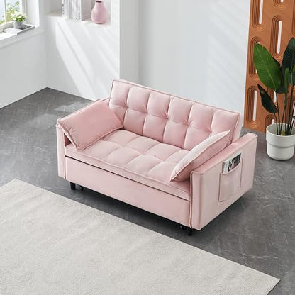 55" Pull Out Sleeper Sofa, Velvet Loveseat with Side Pockets,Pink | Velvet upholstery, 5-level adjustable back, Pull-out bed design, Sturdy frame with side pockets - color: Pink
