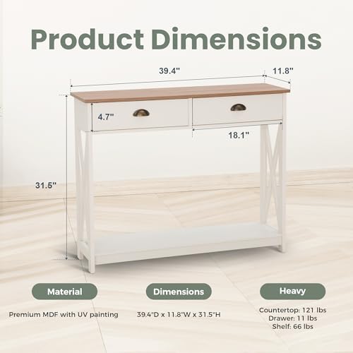 PHI VILLA White Entryway Table, Narrow Console Table with Drawers, 2 Tiers - color: Ivory 2