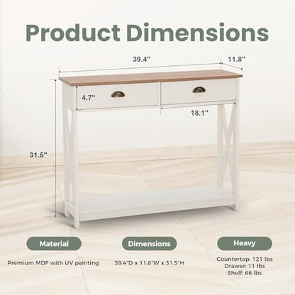 PHI VILLA White Entryway Table, Narrow Console Table with Drawers, 2 Tiers - color: Ivory 2