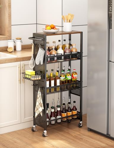 Slim Storage Rolling Cart: 4-Tier Narrow Metal and Wood Utility Cart with Wheels for Kitchen/Laundry/Bathroom(Black) - color: Black, size: 7.1