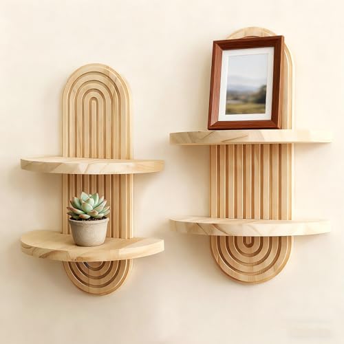 Artilady Boho Shelf Wall Decor, Solid Wood Floating Shelves Srorage Display | 2 Tier Arched Trinket Shelf, Rustic Plant Crystal Candle Holder for Small Space, Modern Bedroom Bathroom Living Room Decor - color: 2 Beige