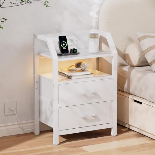 HLDIRECT Nightstand with Built-in Charging Station & Warm LED Light | 2 Fabric Drawers, FSC Wood, 66 lbs Capacity, 18.1"W x 11.5"D x 26"H, Adjustable Feet, for Bedroom, Dorm, White - color: White, size: 2 Drawers