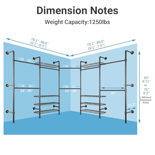 L5 Expandable Closet Rack Wall Mount for Corner, L Shape Heavy Duty Hanging Garment Rack Clothing Rack with 8 Adjustable Shelves & 4 Hanger Rods, Closet System for Hanging Clothes, Black - color: Black