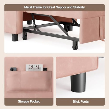Convertible Sleeper Chair Sofa Bed, 3-in-1 Pull Out Sofa Chair, Pink | 3 in 1 Chair Bed, Adjustable Backrest, Storage Pocket, Compact Fit for Living Rooms, Apartments, Guest rooms - color: Pink Premium Velvet