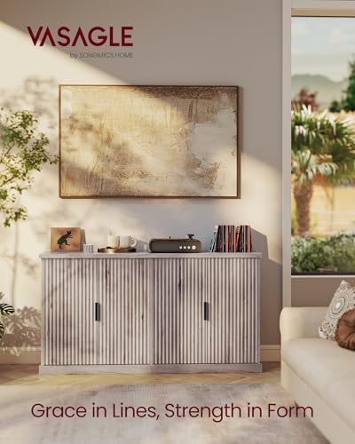 VASAGLE MAXE Collection - Buffet Cabinet, Fluted Console Cabinet, Sideboard with Adjustable Shelves, Mid Century Modern Buffet Table, 15.8 x 58.3 x 31.5 Inches, Washed Gray UBBK382G01S - color: Washed Gray, size: 58.3"W, style: 1 Pack