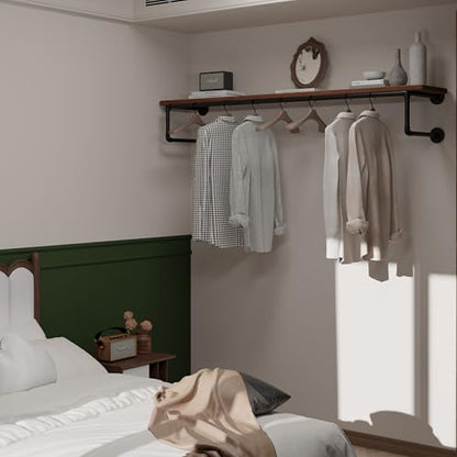 Clothes Rack 60in, Wall Mounted Garment Racks with Real Wood Shelf, Heavy Duty Hanging Clothes Rack, Multi-Purpose Hanging Rod, Space-Saving Closet Storage - color: Brown, size: 1T60IN