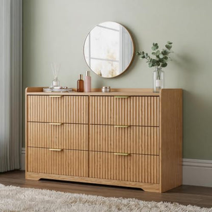 Modern Fluted 6 Drawer Dresser for Bedroom, 47"W x 26"H, Natural Oak | Wooden chest of drawers with metal handles, horizontal TV stand tops, smooth-gliding drawers, anti-drop panels, anti-tip kit - size: 15.6"D x 47.2"W x 26.8"H (6 Drawers)