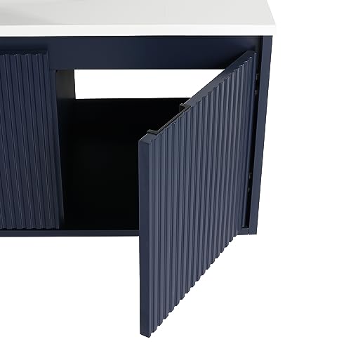Malwee 48 Inch Floating Bathroom Vanity with Waterdrop Resin Sink, 3 Doors, Navy Blue