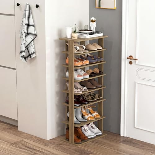 Tangkula 8-Tier Vertical Shoe Rack, Space-Saving Corner Shoe Organizer for 14 Pairs, Narrow Shoe Storage for Entryway, Front Door, or Closet - color: Natural Oak, size: 10" x 18.5" x 43.5"