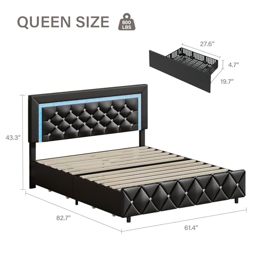 BarnFurin Queen Bed Frame with LED Headboard and Storage Drawers,Black | Modern Platform Bed with Diamond Headboard and Footboard, No Box Spring Needed - color: Black, size: Queen