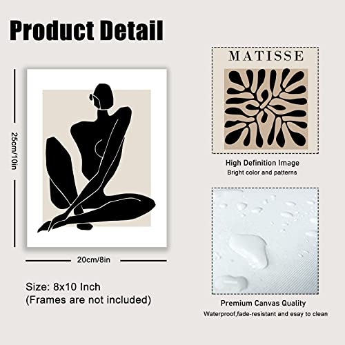 KBKBART Matisse Wall Art Prints, Abstract Matisse Wall Art Exhibition Posters, Black Beige Women Body Line Art Leaf Boho Art Prints, Living Room Wall Decor（8x10inch, Unframed | Canvas Prints Paintings Artwork, Black And White Neutral Abstract Boho Wall De