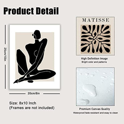 KBKBART Matisse Wall Art Prints, Abstract Matisse Wall Art Exhibition Posters, Black Beige Women Body Line Art Leaf Boho Art Prints, Living Room Wall Decor（8x10inch, Unframed | Canvas Prints Paintings Artwork, Black And White Neutral Abstract Boho Wall De