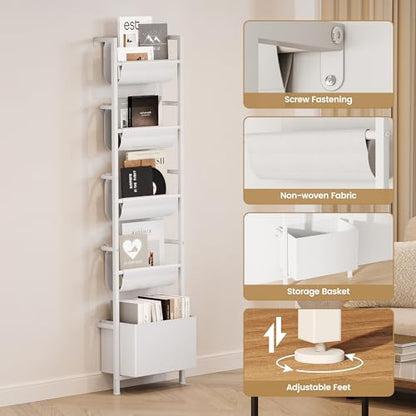 Homeiju Wall Mounted Kids Bookshelf with Storage Bin, 5-Tier Ladder Shelf, Suitable for Books, Toys, Magazines, Documents, Albums, White - color: White