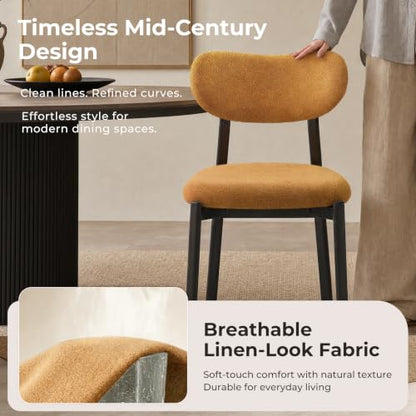 Dining Chairs Set of 2, Modern Upholstered Fabric Kitchen Chairs | Textured Fabric, Curved Back, Upholstered Seat, Metal Frame, Dining Room, Kitchen, Breakfast Nook, Restaurant,Brownish yellow - color: Brownish Yellow, size: Set of 2