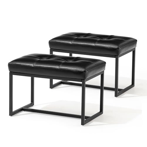 Glitzhome Ottoman Bench Pack of 2, Modern PU Leather Vanity Stools Chairs with Metal Frame, Makeup Stool Padded Foot Rest Stool for Living Room Vanity, Entryway, Bathroom, Black - color: Black, Pack of 2