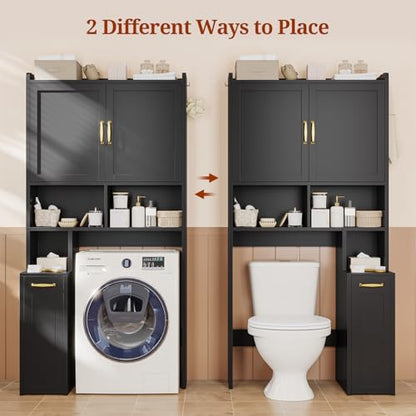 Over The Toilet Storage Cabinet with Pulley Bathroom Storage Cabinet, Space Saver W/Adjustable Shelf & Open Shelf for Bathroom, Restroom, Laundry (Black) - color: Black