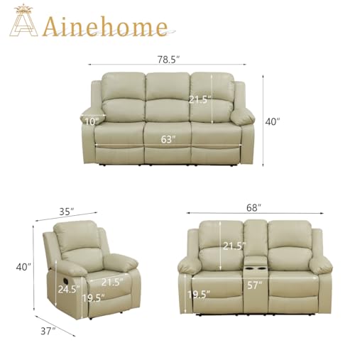 A Ainehome Recliner Sofa Set Living Room Manual Reclining Sofa Bonded Leather Loveseat Chair with Storage Console&Cup Holder Sectional Couch for Living Room/Home(A-Beige Leather, 3 Piece Set) - color: Beige Leather, size: 3 piece set