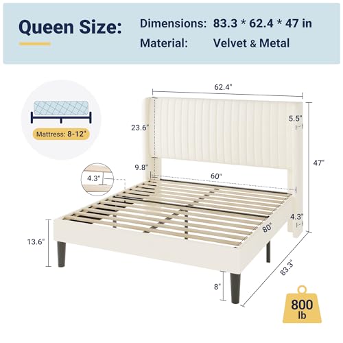 Allewie Queen Size Velvet Bed Frame/Vertical Channel Tufted Wingback Headboard/Upholstered Platform Bed/Strong Wooden Slats/No Box Spring Needed/Easy Assembly/Cream White - color: Cream White, size: Queen