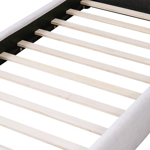 Christopher Knight Home Deft Wooden Twin Bed Frame with Headboard, Luxurious Upholstered Platform Bedframe with Linen Fabric Pillow-Back Headboard, Twin Bed Frame No Box Spring Needed, Beige - size: Twin Size