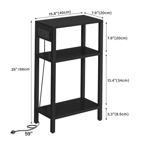 TUTOTAK Narrow Side Table, 3-Tier Small End Table with Charging Station | Skinny Sofa Table, Slim Nightstand, Easy Assembly for Living Room, Bedroom, Black TB01BK079 - color: Black, size: 3-tier
