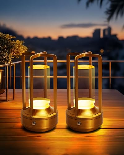 Set of 2 Cordless Table Lamps Rechargeable LED Desk Lamps Gold | Battery Operated Table Light with 3 Color Stepless Dimmable, Portable for Outdoor Patio Bar Restaurants Bedroom Bedside - color: Gold-2