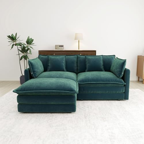 76.7” Oversized Green Loveseat Sofa, 2 Seater Large Sectional Couches for Living Room, Chenille Fabric Modular Sectional Sofa with 1 Ottoman, Deep Seat Home Sofas Set, Love Seat Couches - color: Green, size: 2 Seater + 1 Ottoman
