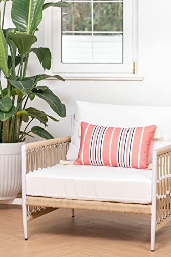 Hofdeco Premium Coastal Patio Indoor Outdoor Lumbar Pillow Cover Only, 12"x20" Water Resistant for Backyard, Couch, Coral Pink Navy Blue Stripe Tassel - color: Coral Pink Striped 12"x20"