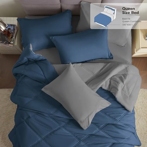 Joiedomi Queen Comforter Set with Sheets Navy Blue, 7 Pieces Queen Bed Set with 1 Down Alternative Comforter, 1 Flat Sheet, 1 Fitted Sheet, 2 Pillowcases and 2 Pillow Shams, Bed in a Bag All Seasons - color: Navy Blue, size: Queen