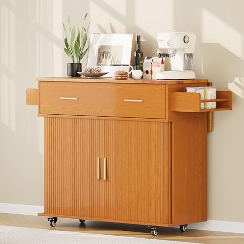 DHH Rolling Kitchen Island with Drop Leaf Countertop&Ample Storage - 39.4" Small Mobile Kitchen Cart On Wheels with Sliding Door,Drawers,Spice Rack & 2-Tier Storage (Yellow Walnut) - color: Yellow Walnut