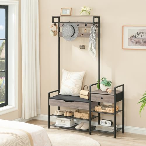 HOOBRO Hall Tree with Bench, Shoe and Coat Rack for Entryway, Coat Rack with Bench, Flip Top Storage Box, PU Cushioned Seat, Non-Woven Fabric Drawer, for Entrance, Greige and Black BG110MT01 - color: Greige + Black