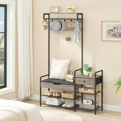 HOOBRO Hall Tree with Bench, Shoe and Coat Rack for Entryway, Coat Rack with Bench, Flip Top Storage Box, PU Cushioned Seat, Non-Woven Fabric Drawer, for Entrance, Greige and Black BG110MT01 - color: Greige + Black
