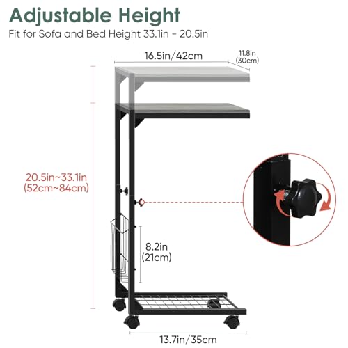C Shaped End Table Small Couch Side Table with Metal Frame Slide Under Couch Table for Sofa Adjustable Height C Table for Living Room Bedroom Small Spaces, Grey - color: Grey