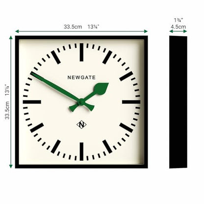 NEWGATE® Number Five wall Clock | Square Retro Inspired Modern Station Clock | 16" | Black with Green Hands | Mid-Century Style for Kitchen, Living Room or Office - color: Green