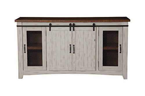 Martin Svensson Home Rustic 65" Wood Entertainment Center, White and Honey | Solid Pine, TV Stand, Sliding Doors, Adjustable Shelves & Cable Management, for TVs up to 70" - color: Antique White and Aged Distressed Pine