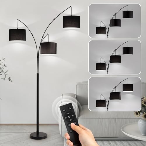 Netin 3 Light Arc Floor Lamps for Living Room, Led Floor Lamp with Remote Control, Modern 80" Tall Standing Lamp, 3 Color Temperature, Mid Century Tree Floor Lamp for Bedroom, Office (Black) - color: Matte Black-Black Linen Shade