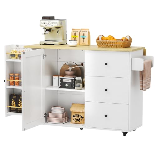 IRONCK Rolling Kitchen Island with Storage & Drop Leaf, 47.2" Kitchen Cart | with 3 Drawers, Spice Rack, Towel Rack, Storage Cabinet, Portable Mobile Island on Wheels, Black - color: White
