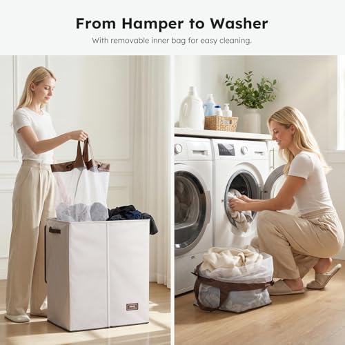 SOLEDI Luxury Double Laundry Hamper with Lid and Removable Bags, 38.3 Gal Large Laundry Bin, Laundry Basket 2 Sections, Collapsible Clothes Hamper for Bedroom, Laundry Room, Bathroom, Off-white - color: Off White, size: 145l