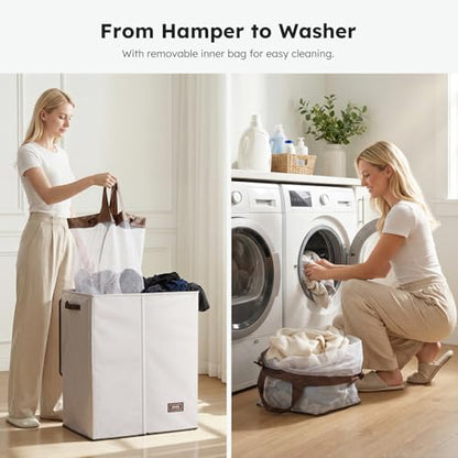 SOLEDI Luxury Double Laundry Hamper with Lid and Removable Bags, 38.3 Gal Large Laundry Bin, Laundry Basket 2 Sections, Collapsible Clothes Hamper for Bedroom, Laundry Room, Bathroom, Off-white - color: Off White, size: 145l