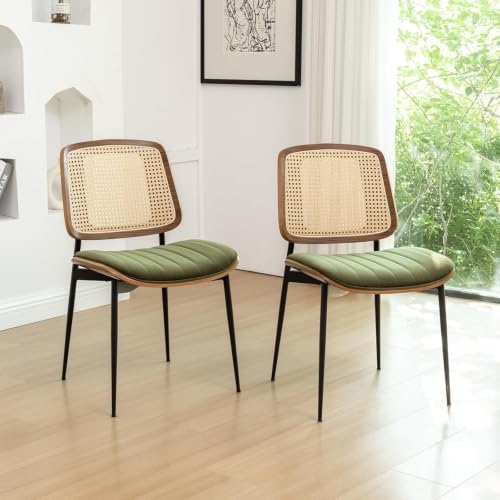 Rattan Dining Room Chairs Set of 4, Mid Century Modern Kitchen Chairs,Green Velvet Walnut Wood Finish Side Chair, Metal Legs Chair with Rattan Backrest,Green Fabric - color: Green 2, size: Set of 4